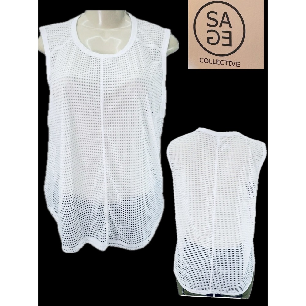 Sage Collective L Solid White Perforated Mesh Crew Neckline Tank Athletic Top
